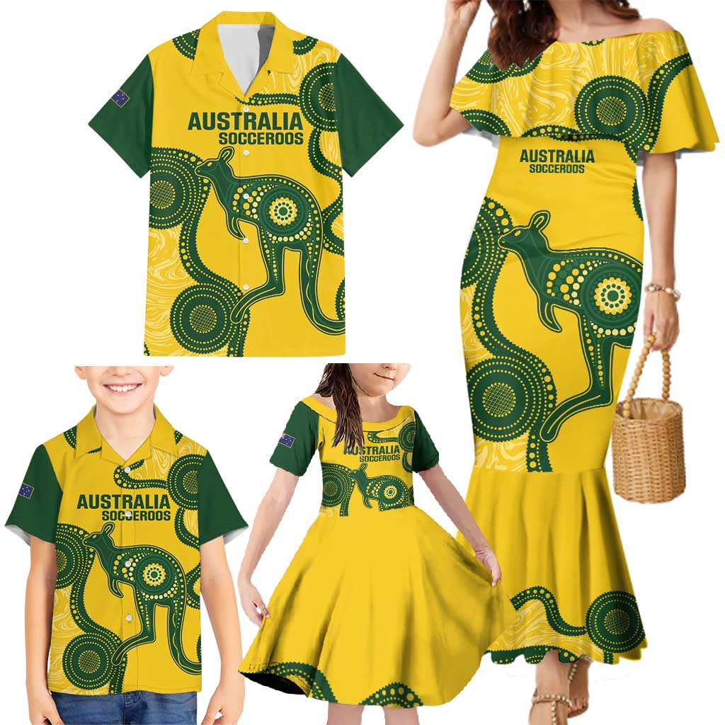 Custom Australia Soccer Family Matching Mermaid Dress and Hawaiian Shirt Go Socceroos Kangaroo With Indigenous Art