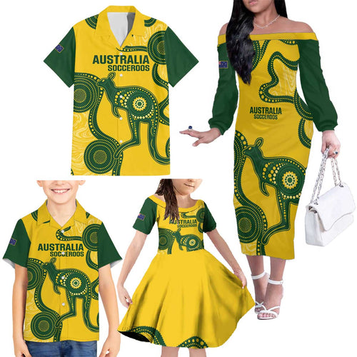 Custom Australia Soccer Family Matching Off The Shoulder Long Sleeve Dress and Hawaiian Shirt Go Socceroos Kangaroo With Indigenous Art