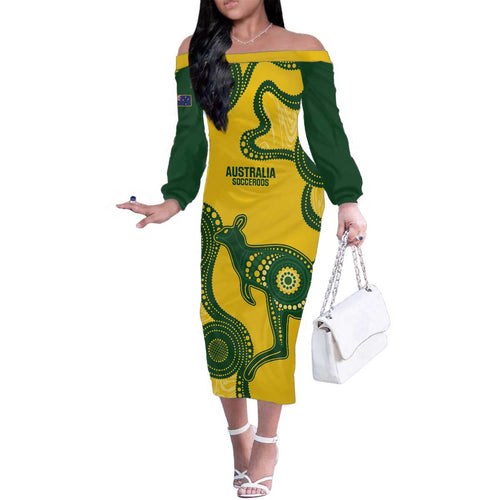 Custom Australia Soccer Family Matching Off The Shoulder Long Sleeve Dress and Hawaiian Shirt Go Socceroos Kangaroo With Indigenous Art