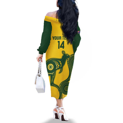 Custom Australia Soccer Family Matching Off The Shoulder Long Sleeve Dress and Hawaiian Shirt Go Socceroos Kangaroo With Indigenous Art
