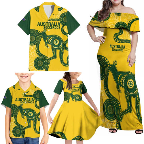 Custom Australia Soccer Family Matching Off Shoulder Maxi Dress and Hawaiian Shirt Go Socceroos Kangaroo With Indigenous Art