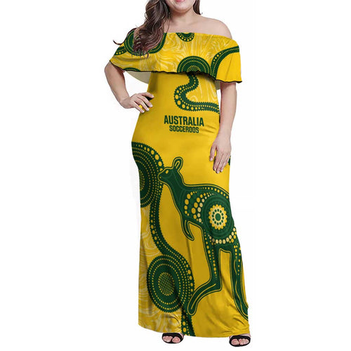 Custom Australia Soccer Family Matching Off Shoulder Maxi Dress and Hawaiian Shirt Go Socceroos Kangaroo With Indigenous Art