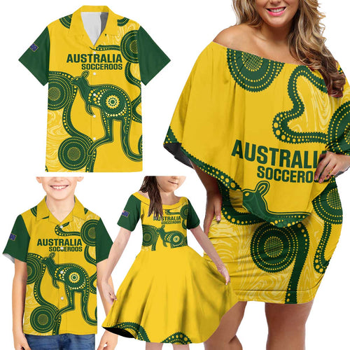 Custom Australia Soccer Family Matching Off Shoulder Short Dress and Hawaiian Shirt Go Socceroos Kangaroo With Indigenous Art