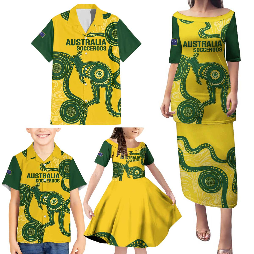 Custom Australia Soccer Family Matching Puletasi and Hawaiian Shirt Go Socceroos Kangaroo With Indigenous Art