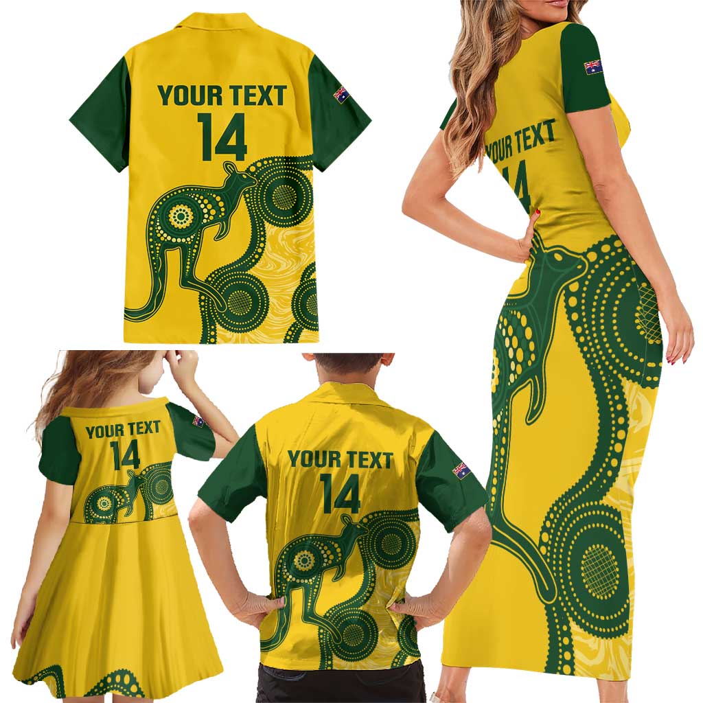 Custom Australia Soccer Family Matching Short Sleeve Bodycon Dress and Hawaiian Shirt Go Socceroos Kangaroo With Indigenous Art