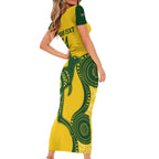 Custom Australia Soccer Family Matching Short Sleeve Bodycon Dress and Hawaiian Shirt Go Socceroos Kangaroo With Indigenous Art
