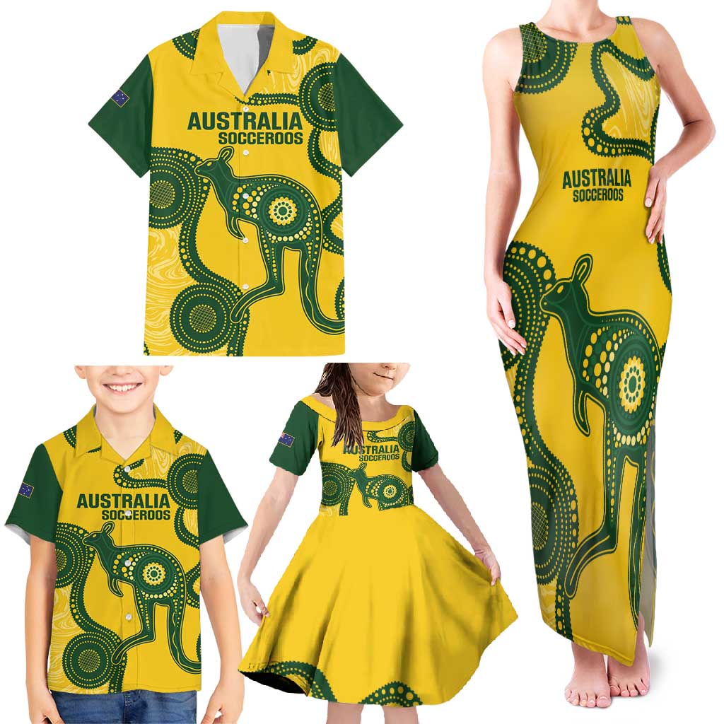 Custom Australia Soccer Family Matching Tank Maxi Dress and Hawaiian Shirt Go Socceroos Kangaroo With Indigenous Art