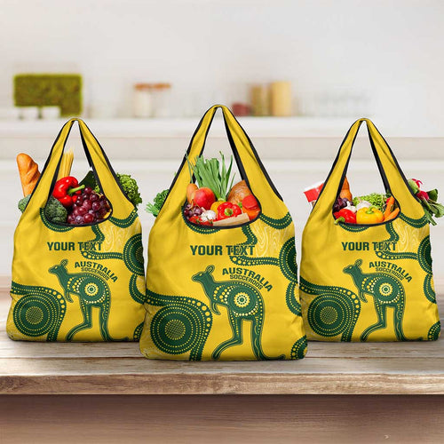 Custom Australia Soccer Grocery Bag Go Socceroos Kangaroo With Indigenous Art