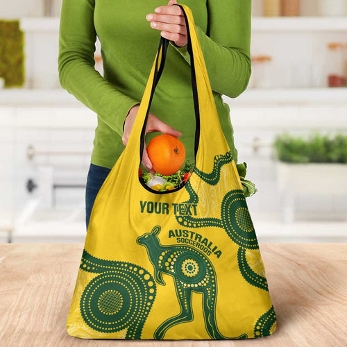Custom Australia Soccer Grocery Bag Go Socceroos Kangaroo With Indigenous Art