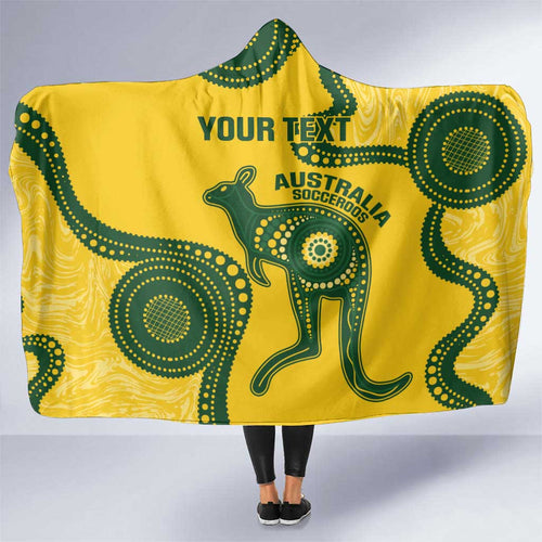 Custom Australia Soccer Hooded Blanket Go Socceroos Kangaroo With Indigenous Art