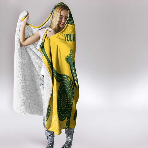 Custom Australia Soccer Hooded Blanket Go Socceroos Kangaroo With Indigenous Art
