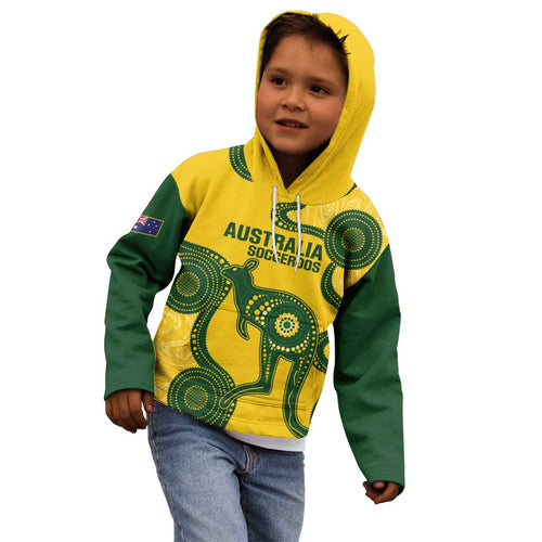 Custom Australia Soccer Kid Hoodie Go Socceroos Kangaroo With Indigenous Art