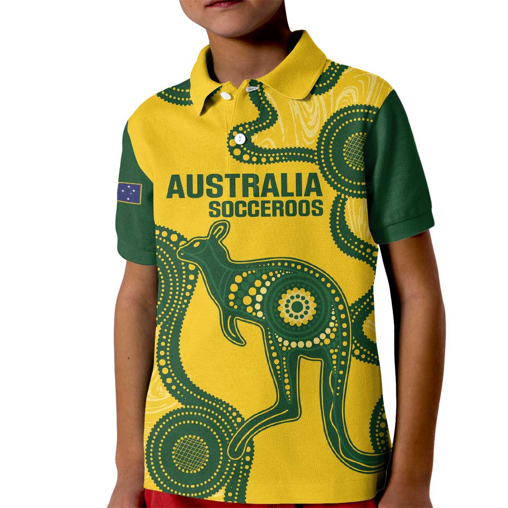 Custom Australia Soccer Kid Polo Shirt Go Socceroos Kangaroo With Indigenous Art