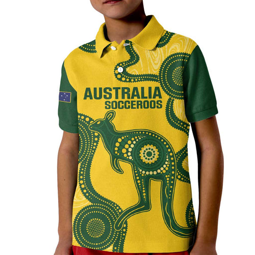 Custom Australia Soccer Kid Polo Shirt Go Socceroos Kangaroo With Indigenous Art