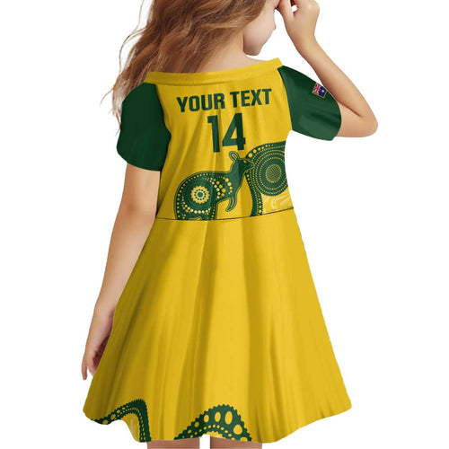 Custom Australia Soccer Kid Short Sleeve Dress Go Socceroos Kangaroo With Indigenous Art