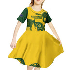 Custom Australia Soccer Kid Short Sleeve Dress Go Socceroos Kangaroo With Indigenous Art