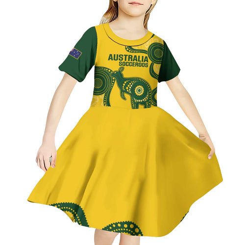 Custom Australia Soccer Kid Short Sleeve Dress Go Socceroos Kangaroo With Indigenous Art