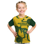 Custom Australia Soccer Kid T Shirt Go Socceroos Kangaroo With Indigenous Art