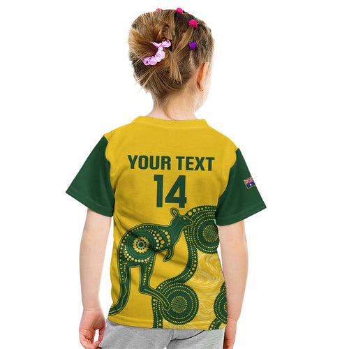 Custom Australia Soccer Kid T Shirt Go Socceroos Kangaroo With Indigenous Art