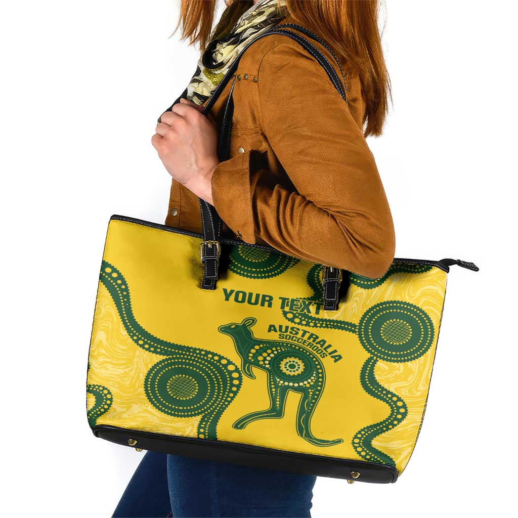 Custom Australia Soccer Leather Tote Bag Go Socceroos Kangaroo With Indigenous Art