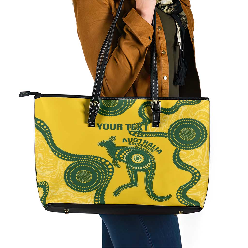 Custom Australia Soccer Leather Tote Bag Go Socceroos Kangaroo With Indigenous Art