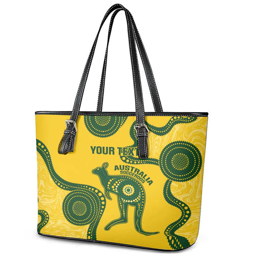 Custom Australia Soccer Leather Tote Bag Go Socceroos Kangaroo With Indigenous Art