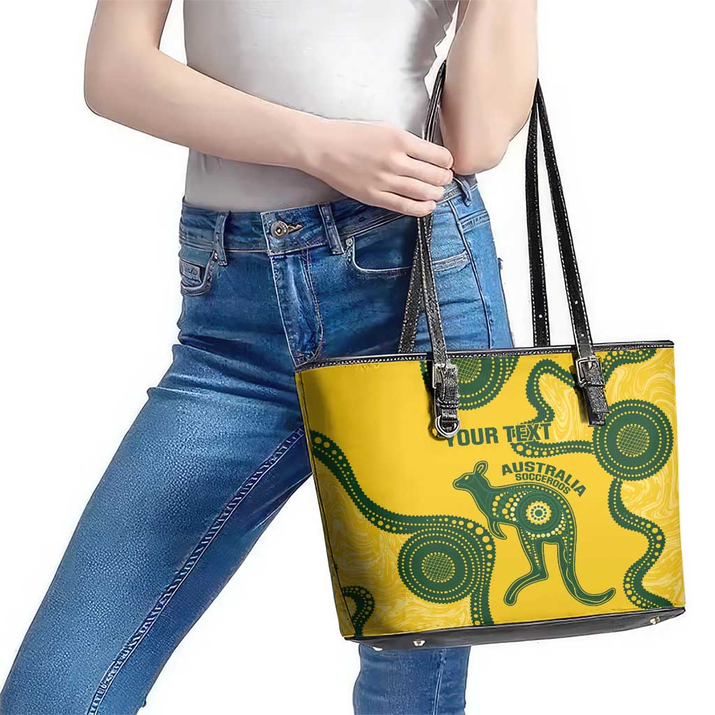 Custom Australia Soccer Leather Tote Bag Go Socceroos Kangaroo With Indigenous Art
