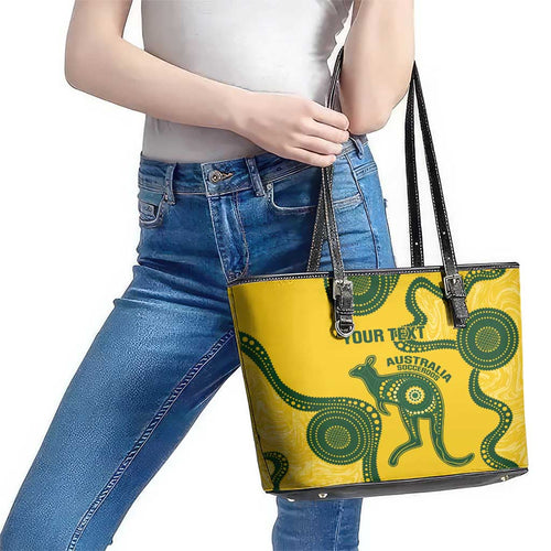 Custom Australia Soccer Leather Tote Bag Go Socceroos Kangaroo With Indigenous Art