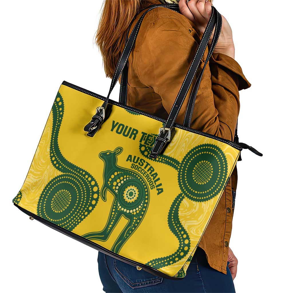 Custom Australia Soccer Leather Tote Bag Go Socceroos Kangaroo With Indigenous Art