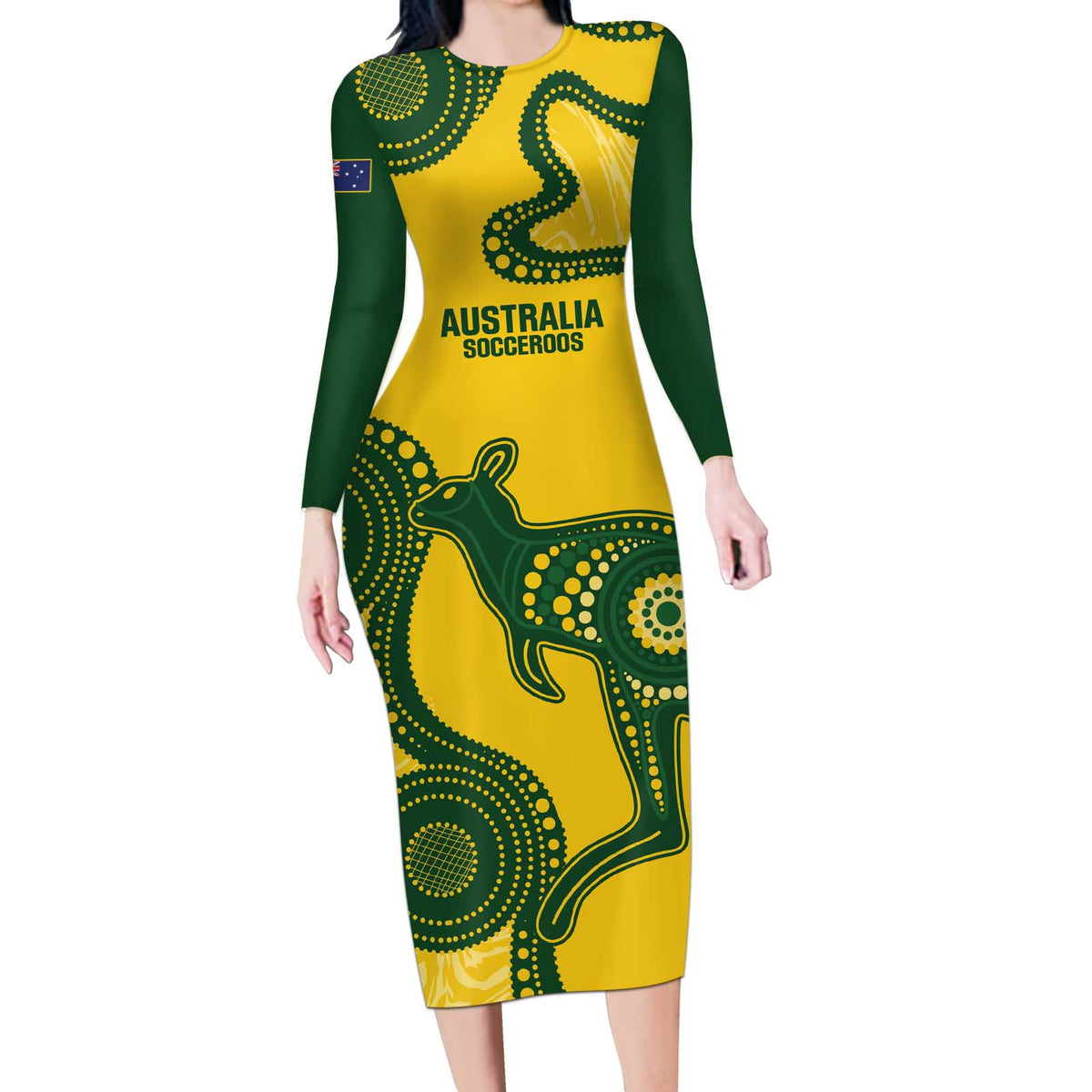 Custom Australia Soccer Long Sleeve Bodycon Dress Go Socceroos Kangaroo With Indigenous Art