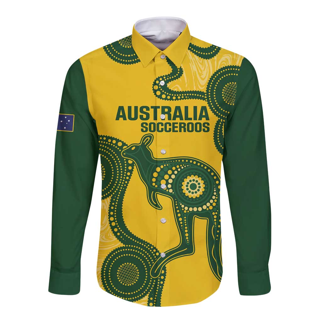 Custom Australia Soccer Long Sleeve Button Shirt Go Socceroos Kangaroo With Indigenous Art