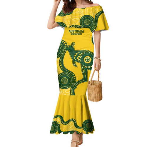 Custom Australia Soccer Mermaid Dress Go Socceroos Kangaroo With Indigenous Art