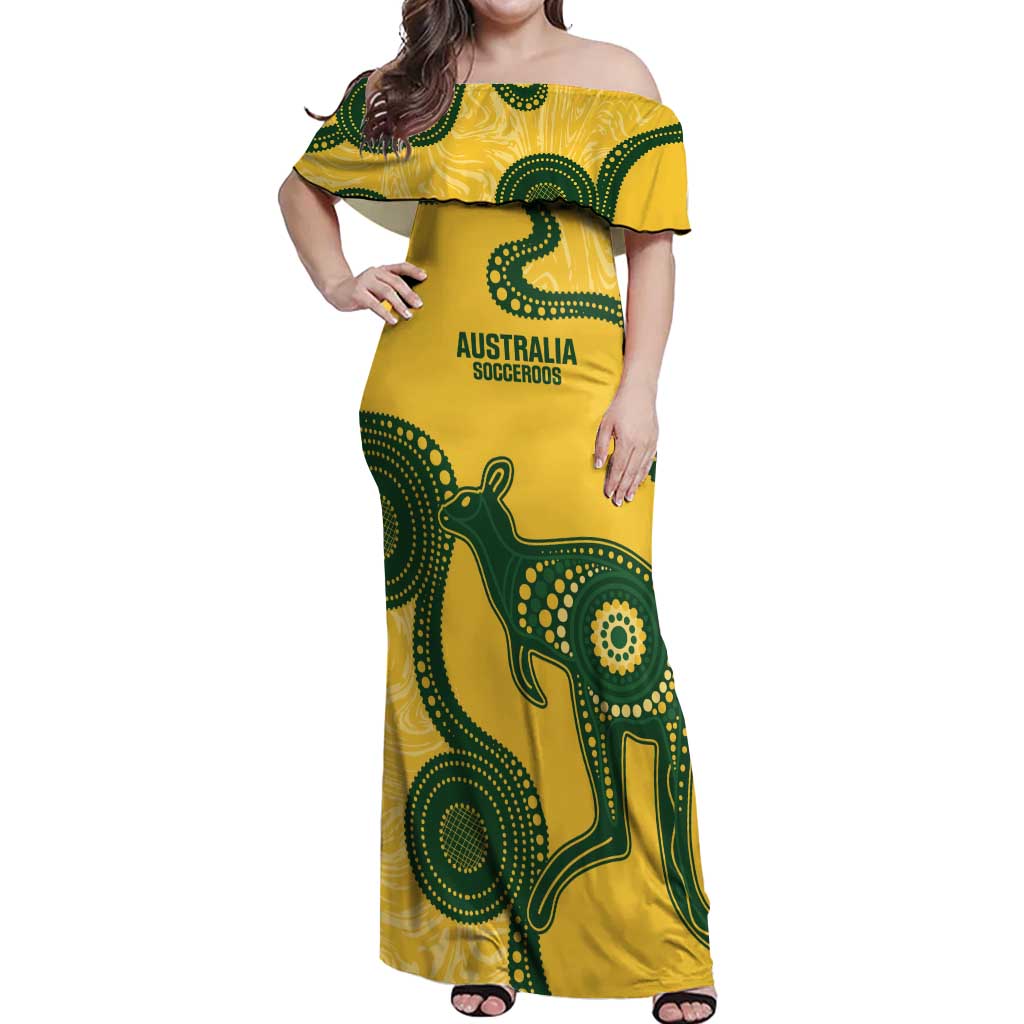 Custom Australia Soccer Off Shoulder Maxi Dress Go Socceroos Kangaroo With Indigenous Art