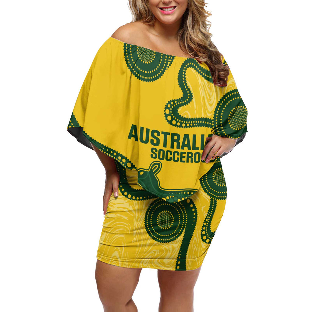 Custom Australia Soccer Off Shoulder Short Dress Go Socceroos Kangaroo With Indigenous Art
