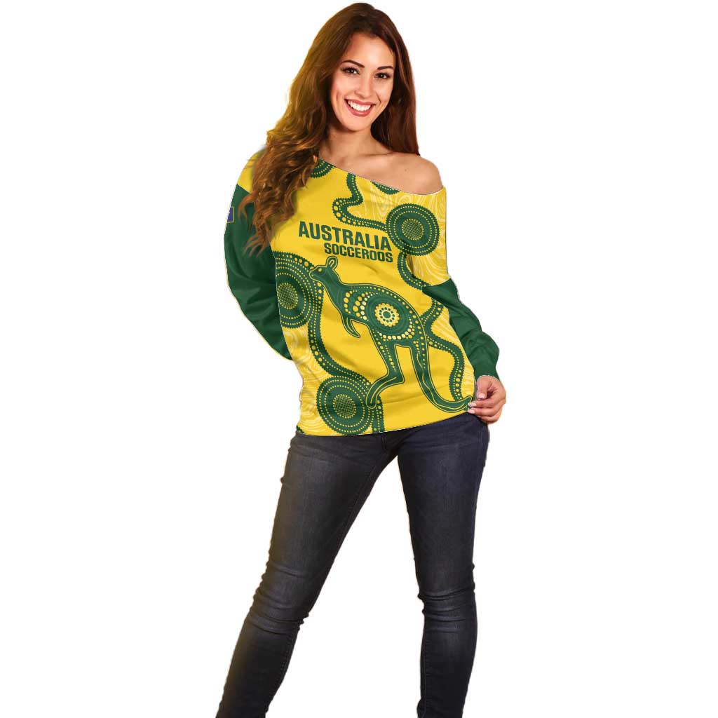 Custom Australia Soccer Off Shoulder Sweater Go Socceroos Kangaroo With Indigenous Art