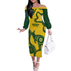 Custom Australia Soccer Off The Shoulder Long Sleeve Dress Go Socceroos Kangaroo With Indigenous Art