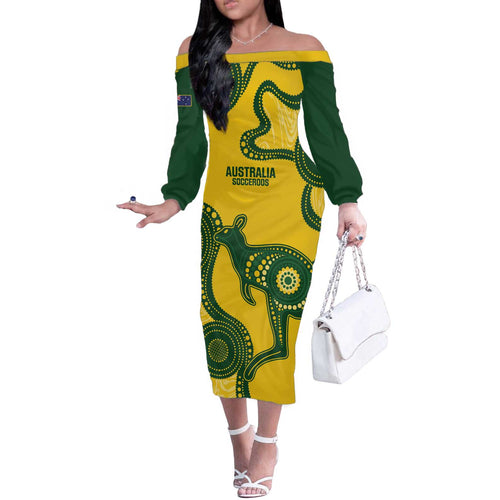 Custom Australia Soccer Off The Shoulder Long Sleeve Dress Go Socceroos Kangaroo With Indigenous Art