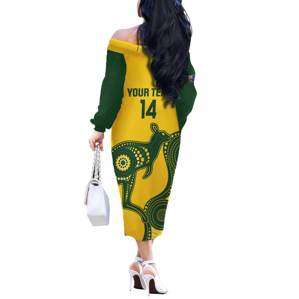 Custom Australia Soccer Off The Shoulder Long Sleeve Dress Go Socceroos Kangaroo With Indigenous Art