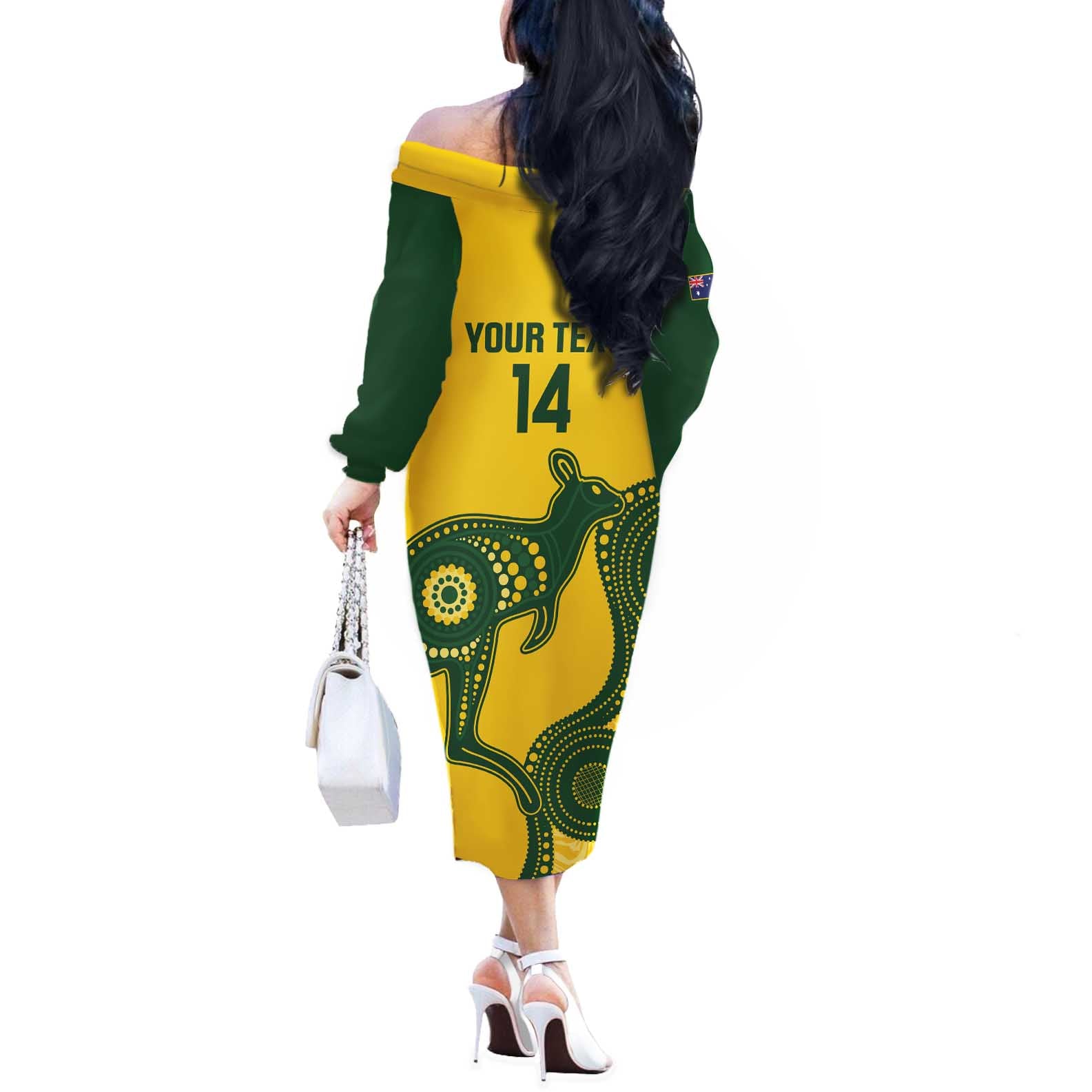 Custom Australia Soccer Off The Shoulder Long Sleeve Dress Go Socceroos Kangaroo With Indigenous Art