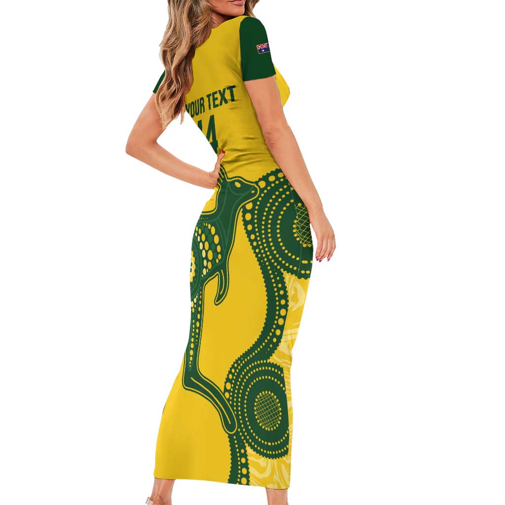 Custom Australia Soccer Short Sleeve Bodycon Dress Go Socceroos Kangaroo With Indigenous Art