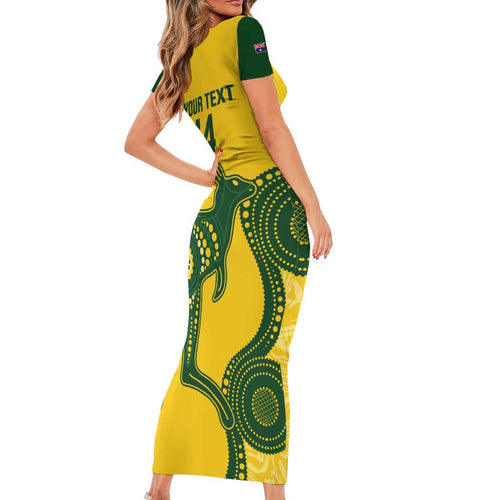 Custom Australia Soccer Short Sleeve Bodycon Dress Go Socceroos Kangaroo With Indigenous Art