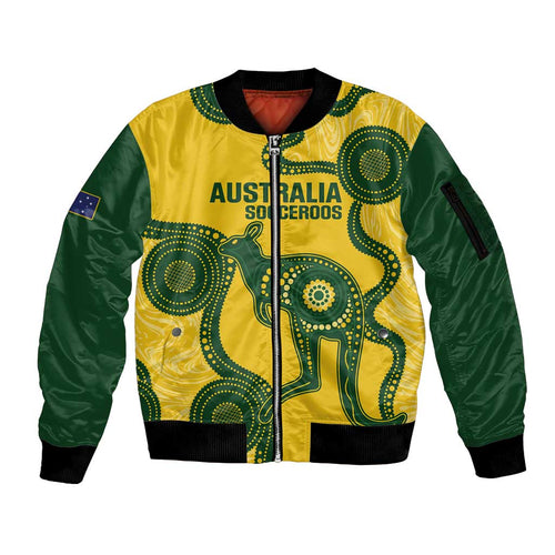 Custom Australia Soccer Sleeve Zip Bomber Jacket Go Socceroos Kangaroo With Indigenous Art