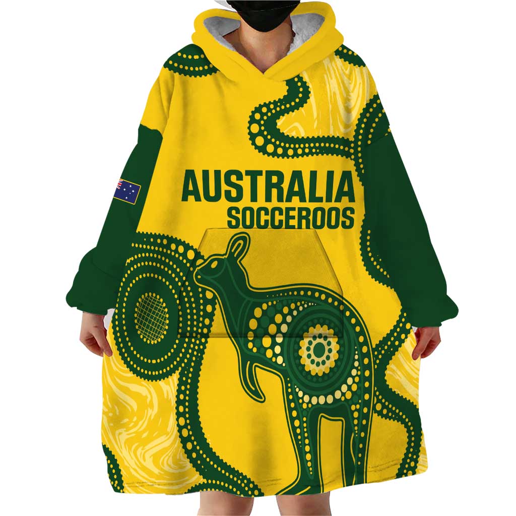 Custom Australia Soccer Wearable Blanket Hoodie Go Socceroos Kangaroo With Indigenous Art