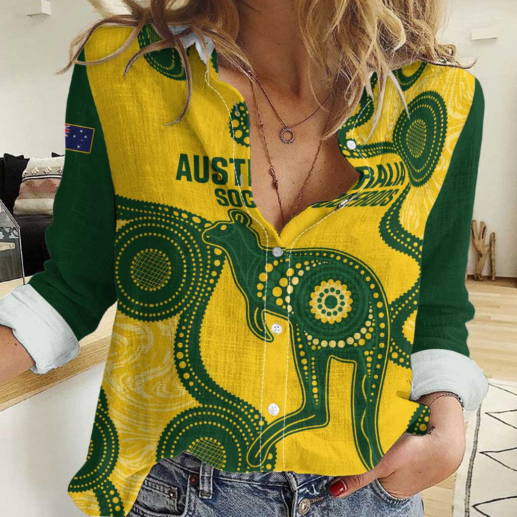 Custom Australia Soccer Women Casual Shirt Go Socceroos Kangaroo With Indigenous Art