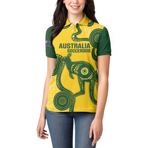Custom Australia Soccer Women Polo Shirt Go Socceroos Kangaroo With Indigenous Art