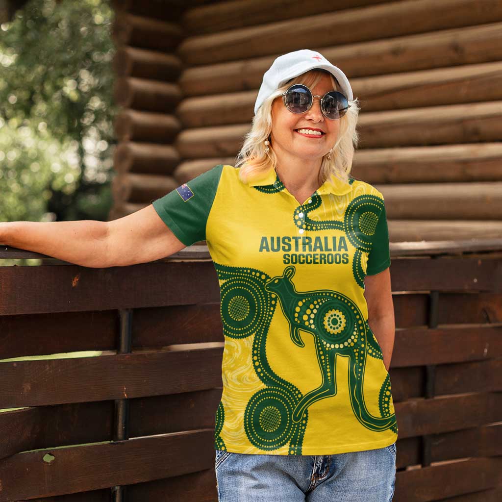 Custom Australia Soccer Women Polo Shirt Go Socceroos Kangaroo With Indigenous Art
