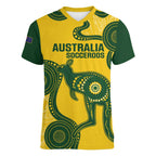 Custom Australia Soccer Women V-Neck T-Shirt Go Socceroos Kangaroo With Indigenous Art