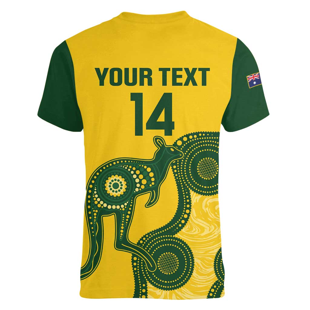 Custom Australia Soccer Women V-Neck T-Shirt Go Socceroos Kangaroo With Indigenous Art