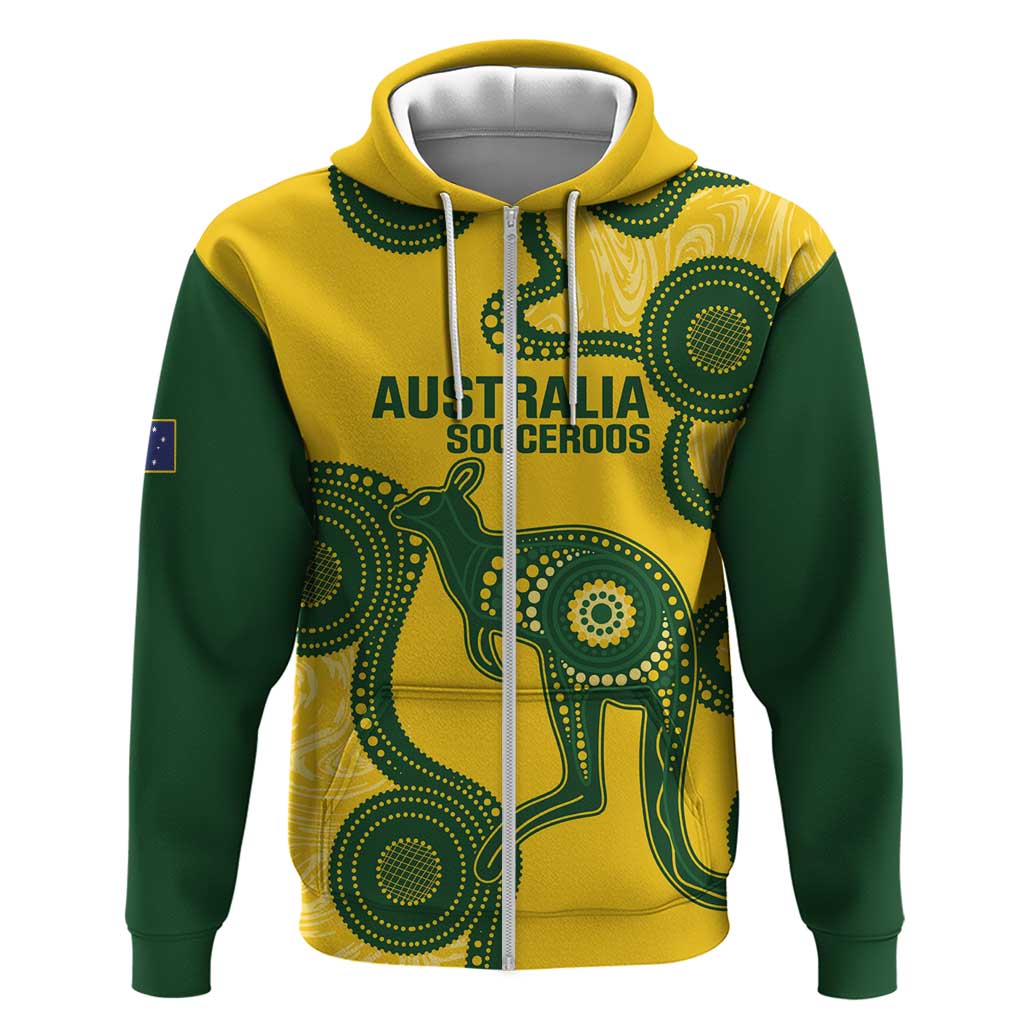 Custom Australia Soccer Zip Hoodie Go Socceroos Kangaroo With Indigenous Art