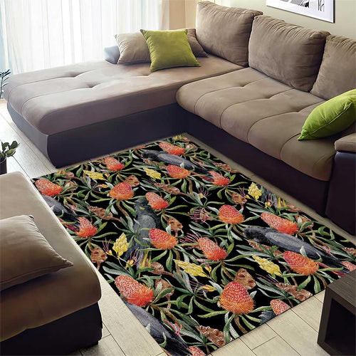 Australia Black Cockatoo And Banksia Flowers Area Rug